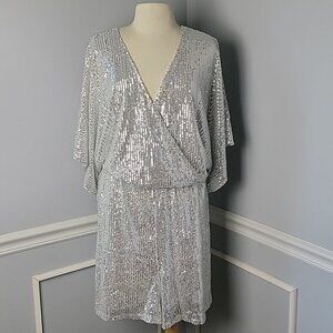 ELOQUII | Anthropologie Silver Sequin V-Neck Dolman Sleeve Holiday Party Romper